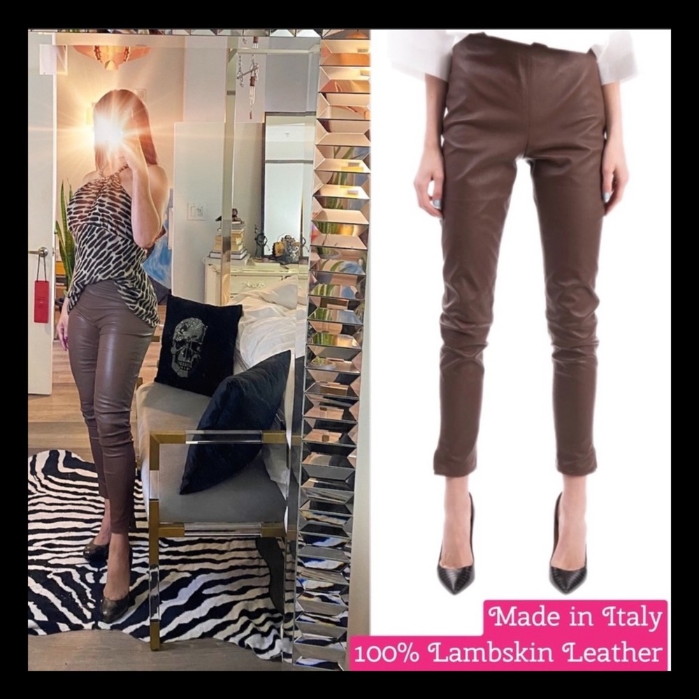 100% Lambskin High Waisted Leather Trousers Size 42 / Med